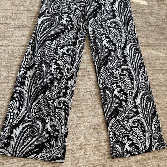 Wide Leg Women's 1X Flowy Black White Paisley High Rise Pants Soft Stretch Boho - Picture 3 of 5